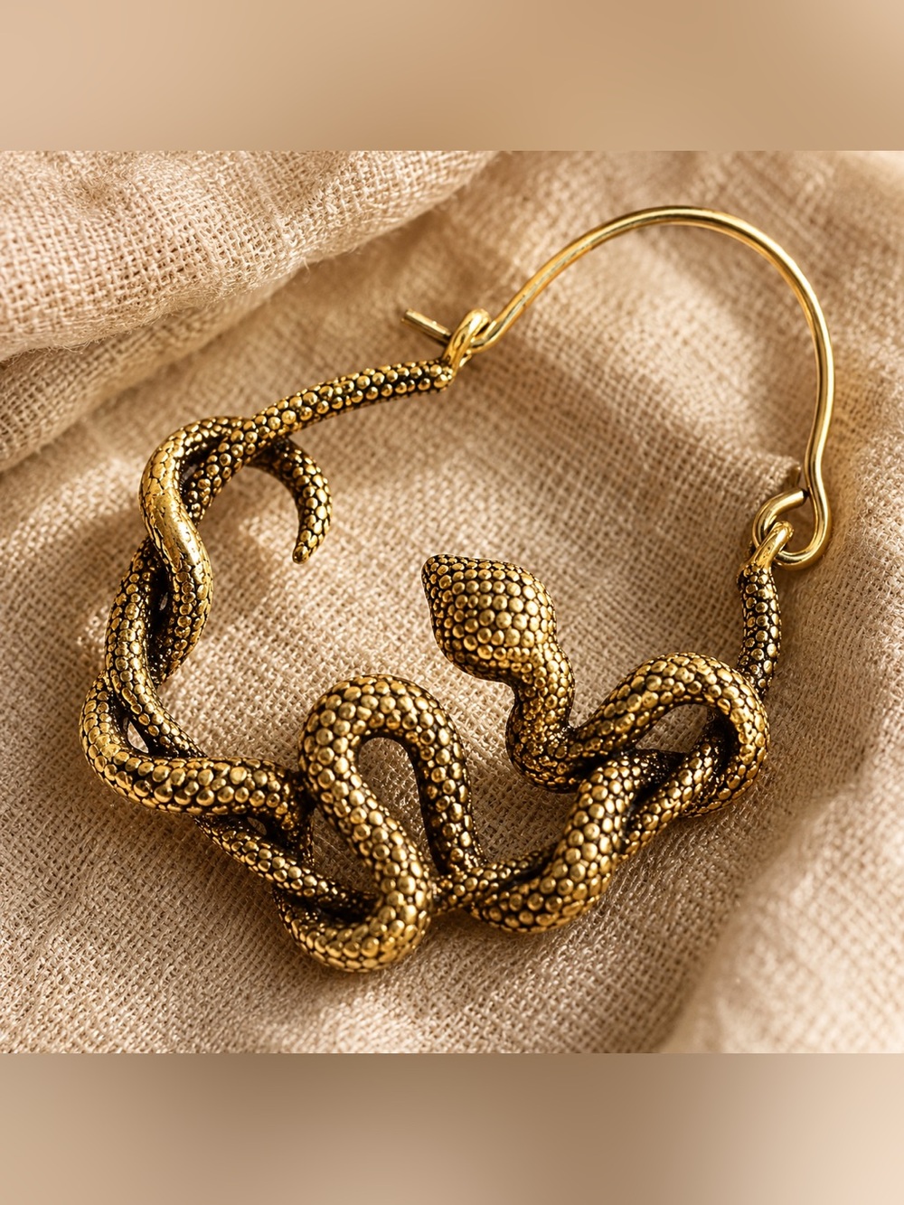 Antique Gold Tone Snake Hoop Earrings Textured Serpent Statemen